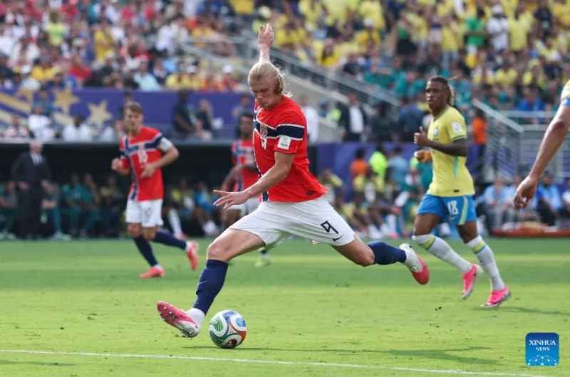 Erling Haaland of Norway scores with a shot during the round of 16 match between Brazil and Norway at the 2026 FIFA World Cup at the New York New Jersey Stadium, the United States, July 5, 2026. (Xinhua/Zhang Chen)