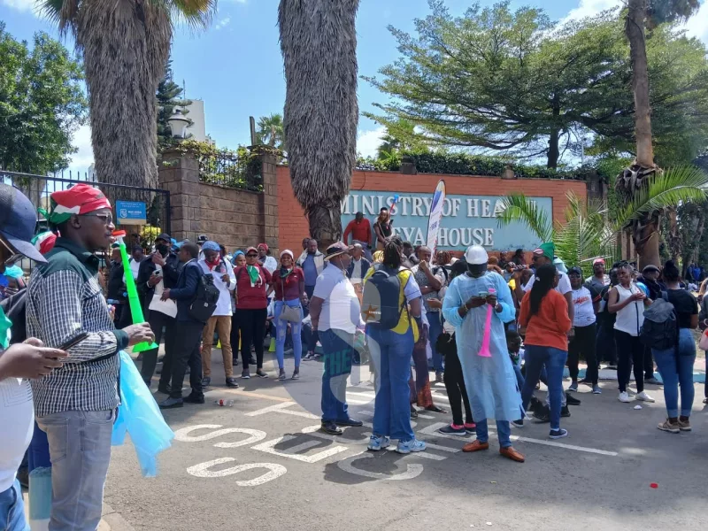 UHC workers protest at Afya House, demand PnP terms
