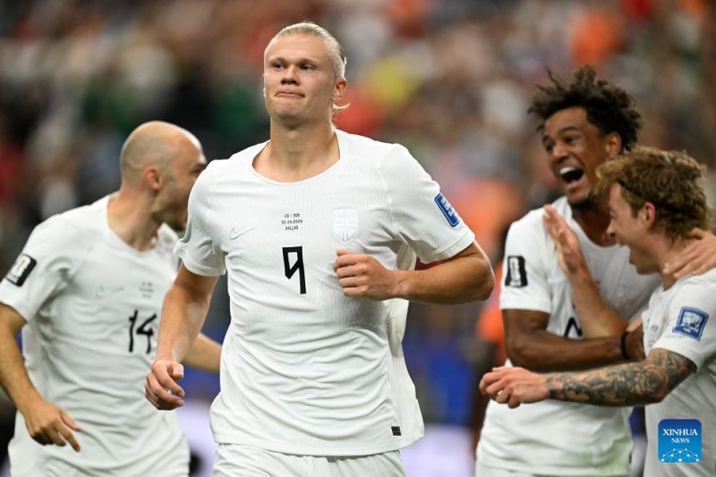 Erling Haaland (2nd L) of Norway reacts after scoring during the round of 32 match between Cote d'Ivoire and Norway at the 2026 FIFA World Cup at Dallas Stadium in Dallas, the United States, June 30, 2026. (Xinhua/Cheng Min)