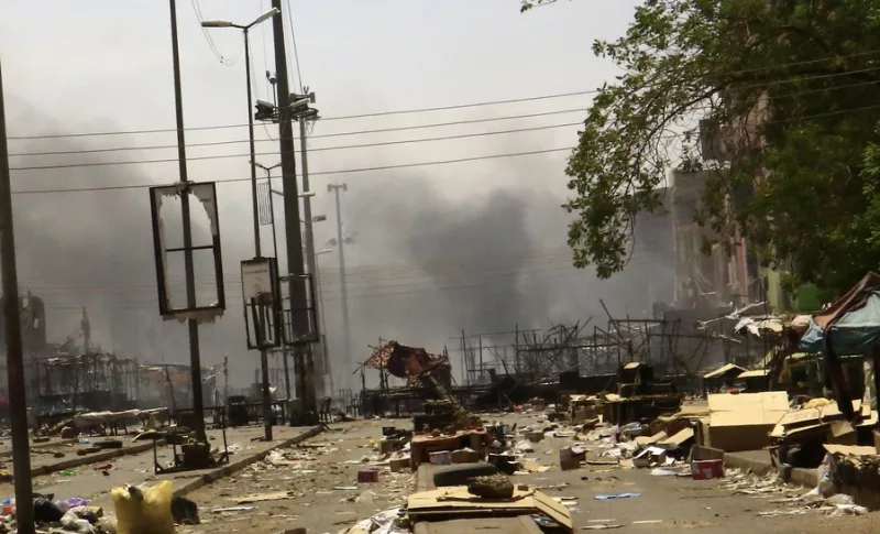 The photo taken on April 18, 2023 shows a major market in Bahri city, north of the Sudanese capital Khartoum, ruined in ongoing clashes between the Sudanese army and the rapid support forces. (Xinhua/ Mohamed Khidir)