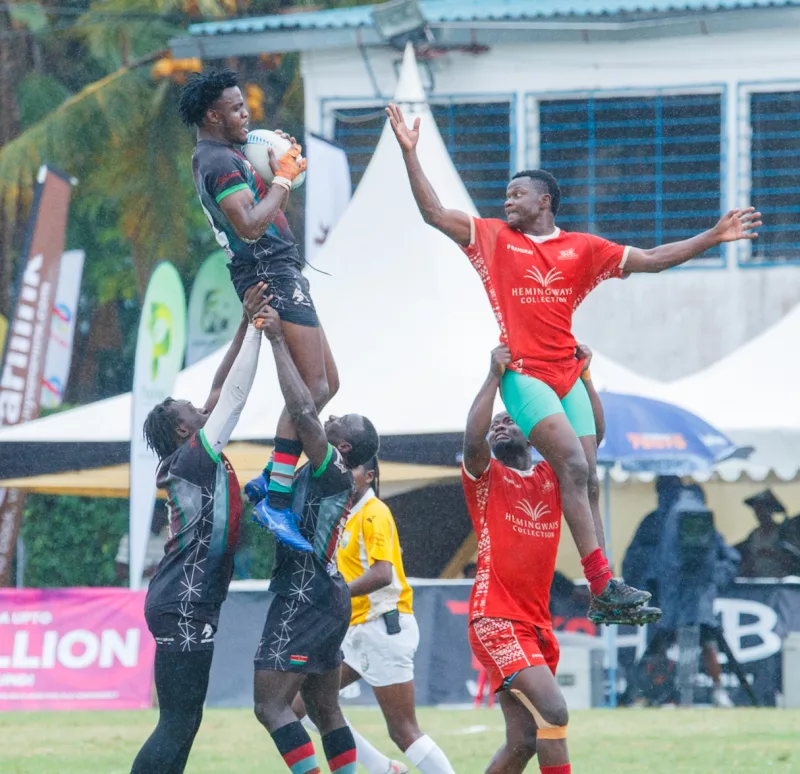 Quins' Derrick Shimenga wins the ball during a line-out against Mombasa Sports Club during the Driftwood Sevens