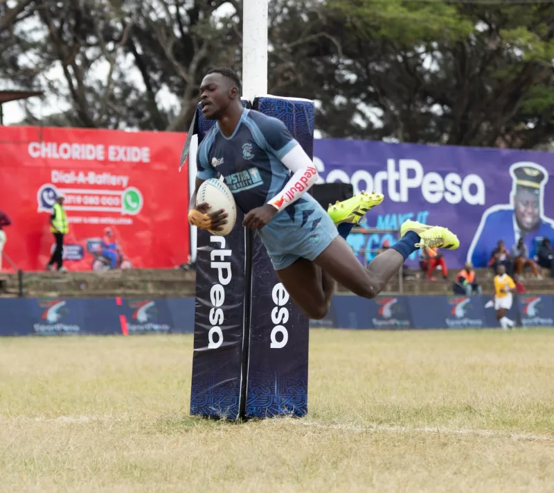 Falcons winger Patrick Odongo scores a try at the Kabeberi sevens