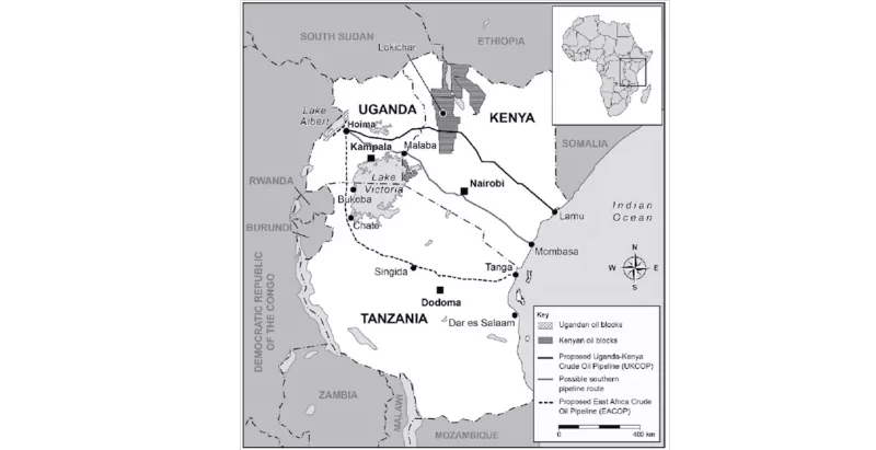 Map of oil blocks and oil pipeline routes in East Africa