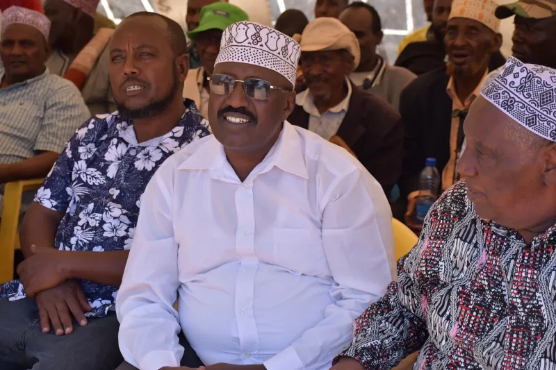 Isiolo community leaders led by JIMA Community Secretary General and member of the Borana Council of Elders’ Governing Council Ahmed Waqo during a meeting at Municipal Ground in Isiolo on Wednesday
