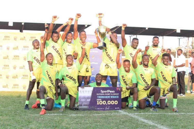 Kabras RFC players celebrate winning the Dala sevens in 2024