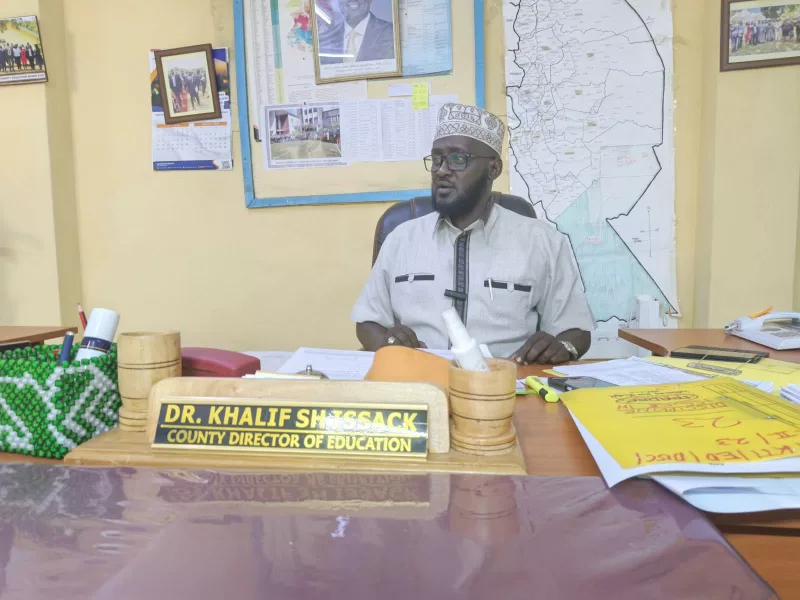 County director of education, Khalif Hassan Isaack, speaking to the media in his office on Thursday.