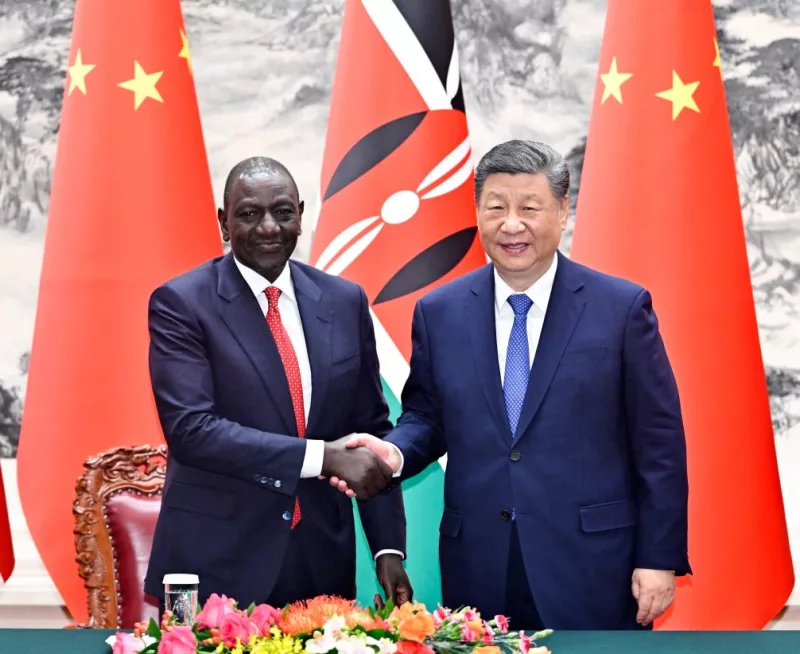 Chinese President Xi Jinping shakes hands with Kenyan President William Ruto at the Great Hall of the People in Beijing, capital of China, April 24, 2025. Xi held talks with Ruto, who is on a state visit to China, in Beijing on Thursday. (Xinhua/Yue Yuewei)