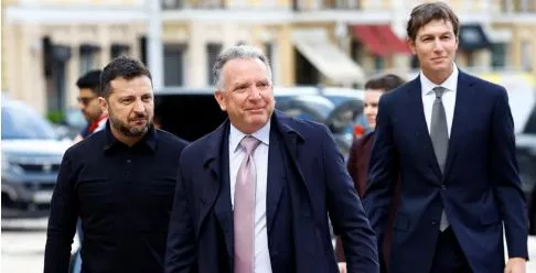 Ukraine's President Volodymyr Zelenskiy welcomes Jared Kushner and US Special Envoy Steve Witkoff to Kyiv