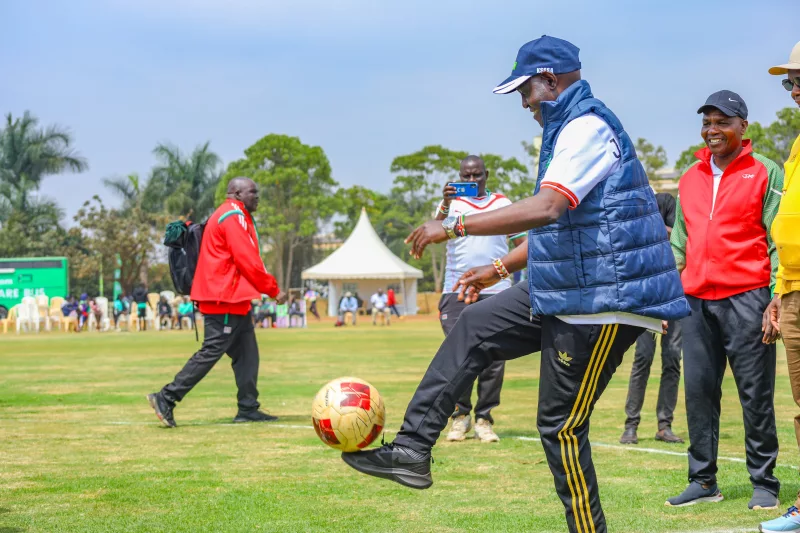 Basic Education PS John Ololtuaa shows off his ball juggling skills as he launched Term Two 2026 National School Games at M-PESA Foundation Academy, Thika, August 2, 2026. /JOHN OLOLTUAA/X