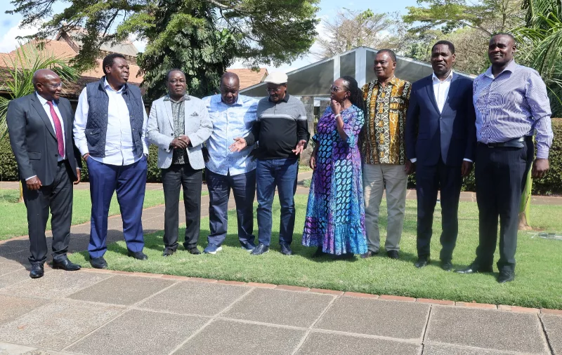 Wiper leader Kalonzo Musyoka with members of the opposition after a meeting at Windsor Golf Club, Kiambu.