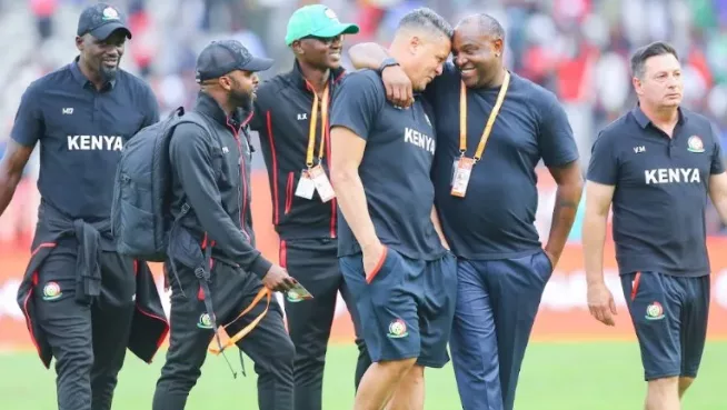 Harambee Stars coach Benni McCarthy with his technical team in a past match/ HANDOUT