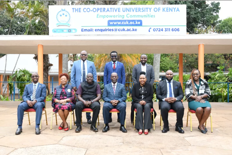 The newely sworn in CUKAA executives posing for a photo with the Coperative University of Kenya  VC. Prof Isaac K (1). Nyamongo and other top university management