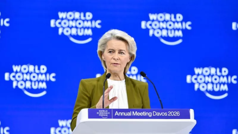 European Commission President Ursula von der Leyen speaks at the World Economic Forum annual meeting in Davos, Switzerland, Jan. 20, 2026. Von der Leyen said Tuesday that the European Union stands in full solidarity with Greenland and the Kingdom of Denmark, stressing that their sovereignty and territorial integrity are non-negotiable. (Xinhua/Lian Yi)