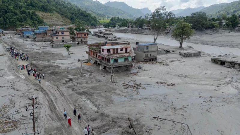 A drone photo taken on Aug. 27, 2026 shows a view of a flood-hit area in Nuwakot, Nepal. (Photo by Sulav Shrestha/Xinhua)