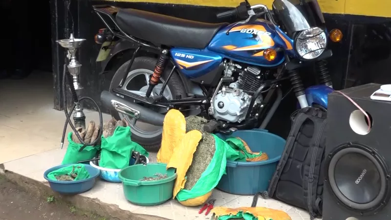 The bhang recovered in a residence in Inoi, Kirinyaga county, displayed at Kerugoya police station together with the motorcycle suspected to have been used to transport it on September 1, 2026/ ALICE WAITHERA