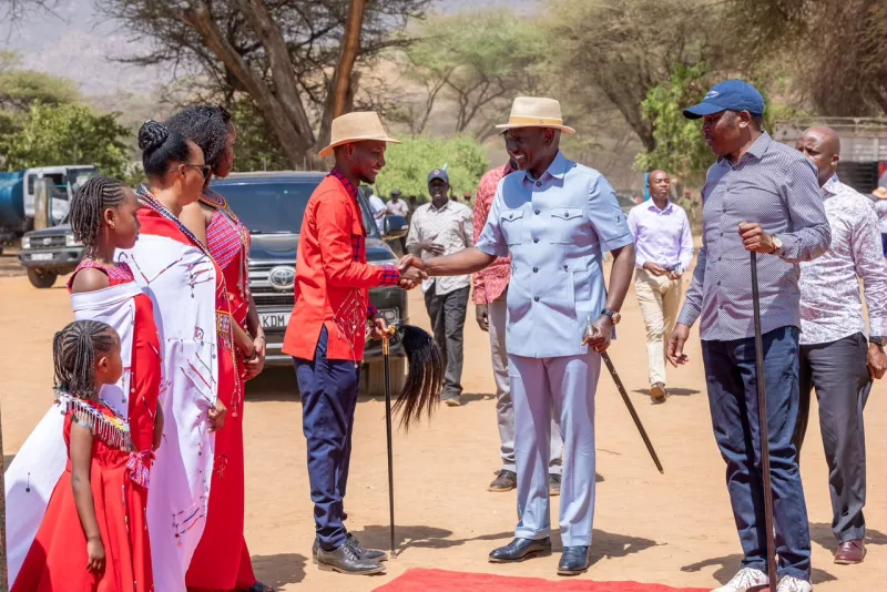 President William Ruto is received by State Department for Devolution Principal Secretary (PS) Michael Lenasalon for his thanksgiving ceremony in South Horr, Samburu County/PCS