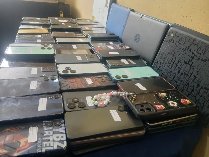 Seized mobile phones and laptops at Mlolongo police station in Athi River, Machakos county on September 1, 2026.