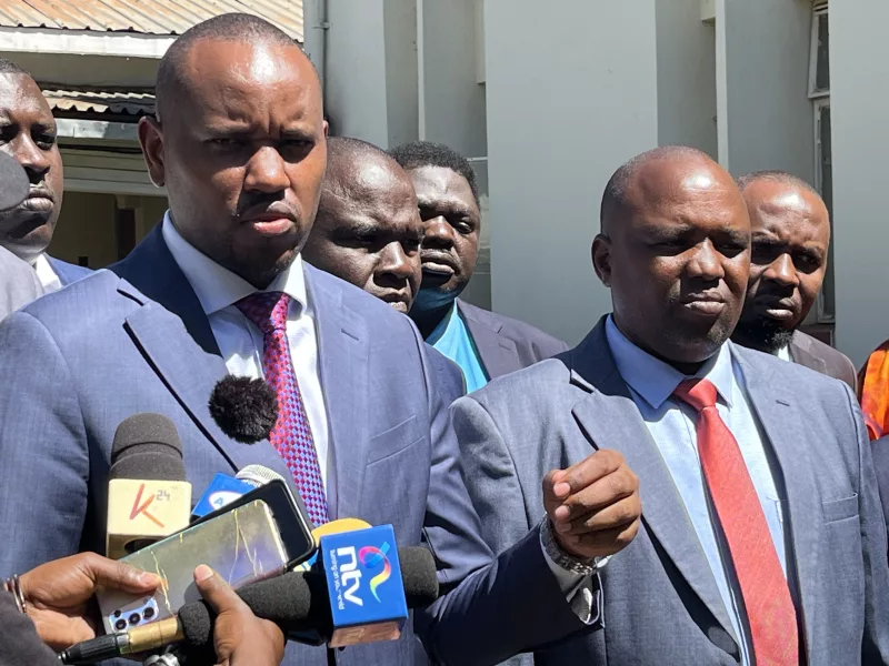 Speaker of Uasin Gishu County Assembly Phillip Muigei with MCAs speaking in Eldoret