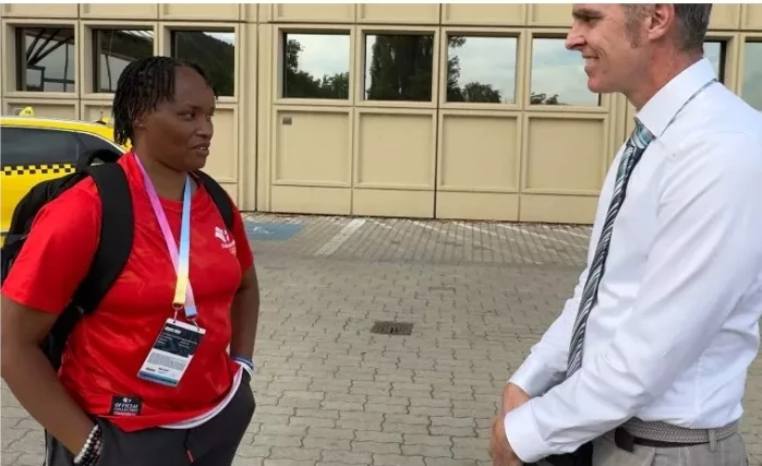 Kenyan sprints coach Perpetual Mbutu with Croatian official Duje Bonacci in Budapest/HANDOUT
