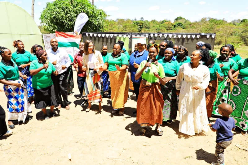 The Hungarian Ambassador to Kenya, H.E. Katalin Nyirati, with members of the self-help women groups during the handing over of the model farm projects on Tuesday.