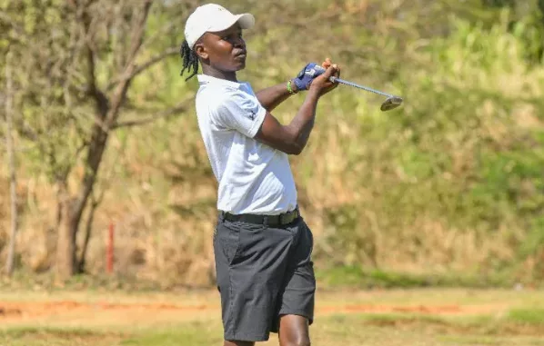 Kelvin Metto, overall men’s gross winner, tracks his tee shot during the NCBA Golf Series Ruiru leg/HANDOUT