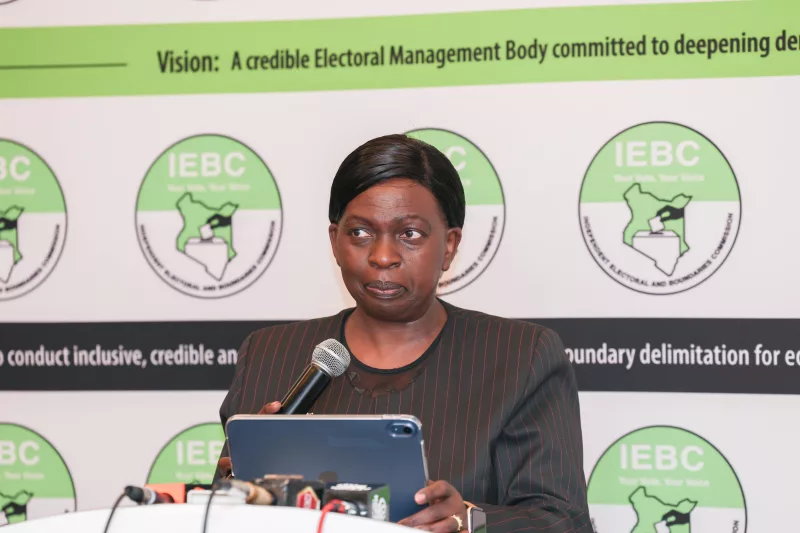 IEBC acting CEO Ruth Kulundu addressing the national election security consultative forum at Ufungamano House on Wednesday, September 3, 2026. /IEBC