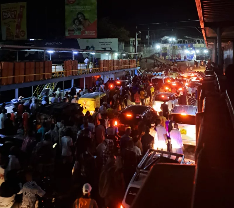 Pedestrians and motorists jostle for space at the Likoni Ferry crossing in Mombasa on Tuesday night, September 1, 2026. The congestion raised safety concerns among ferry users.