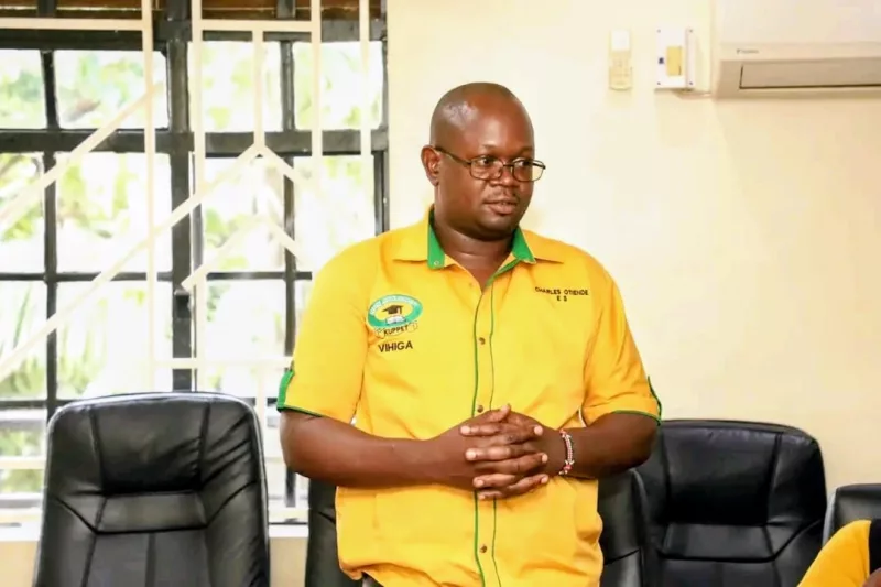 Kenya Union of Post Primary Education Teachers (Kuppet), Vihiga branch Executive Secretary Charles Otiende addressing members in his office/IMAGE/HILTON OTENYO