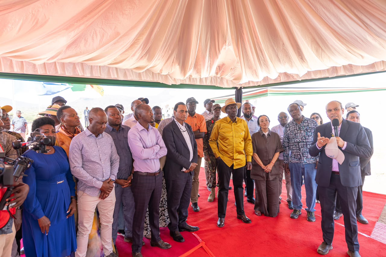 President William Ruto (in a yellow shirt, Principal Secretary for Industry Juma Mukhwana (in blue trousers) and other officials during the groundbreaking ceremony of the Devki cement and clinker factory in Ngaaie, Kitui County /PCS