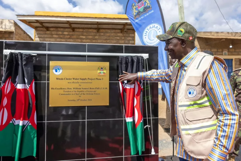 President William Ruto during the commissioning of the Mwala Cluster Water Project, Mbiuni Ward, Mwala Constituency, Machakos County on October 24, 2026/PCS