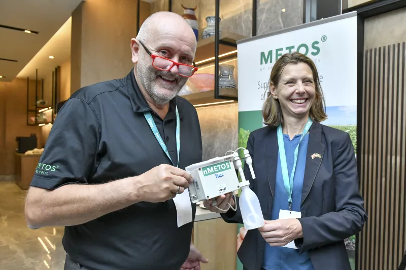 Pessl Instruments Founder and CEO Gottfried Pessl showcases the company’s smart weather monitoring technologies to Austrian Ambassador to Kenya Simone Knapp, during the launch of UpYield4Africa in Nairobi/ HANDOUT