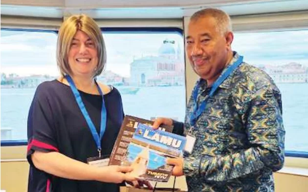 UNDP local government adviser Diana Lopez and Lamu Governor Issa Timamy aboard the Il Doge di Venezia in Venice, Italy, on October 22 /BRIAN OTIENO
