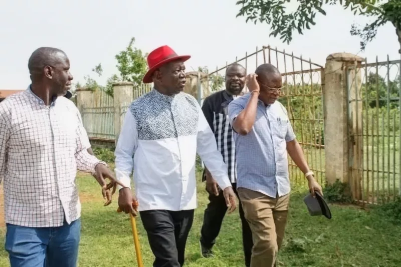 Teso North MP Oku Kaunya( in a red cap) and other planning committee members  inspect the ongoing works at Kakapel Cultural Centre ahead of the historic celebrations of the fourth coronation anniversary of His Majesty Emormor Papa Sande Emolot, the Iteso Cultural Leader, scheduled for 31st October 2026 on Friday/IMAGE/HILTON