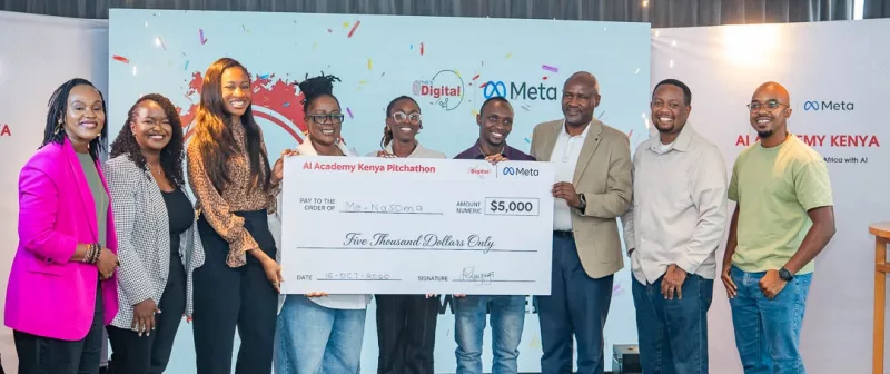 Me-Nasoma team celebrating their $5,000 win alongside the Meta and This Is Digital teams at the inaugural AI Academy Kenya Pitchathon.