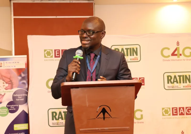 Patrick Mbogo, chairman of the Warehouse Receipt System Council speaks during the forum in Nairobi/ HANDOUT