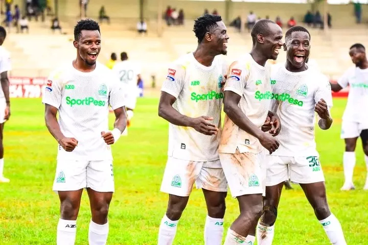 Gor Mahia players Ben Stanley, Ebenezer Ocron, Alpha Onyango and Brighton Onyona celebrate their goal against APS Bomet