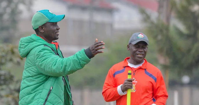 Outgoing Police FC head coach Nicholas Muyoti and his assistant John Baraza