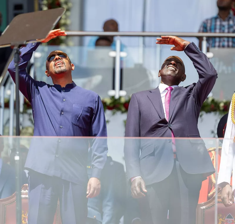 Ethiopia PM Abiy Ahmed and President William Ruto watch Kenya Airforce performance during   Mashujaa day celebrations at the Kipchoge Keino Stadium, Eldoret City, on October  20, 2026