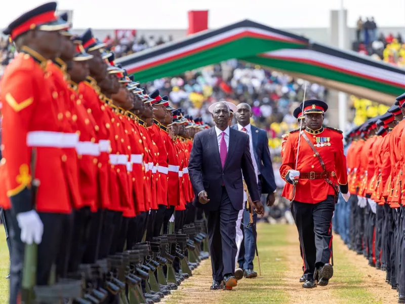 President William Ruto inspecting the guard of honour during Mashujaa Day Celebrations in Eldoret on Tuesday