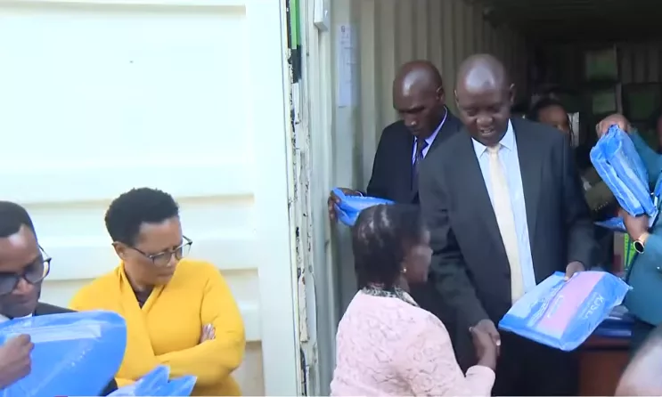 Basic Education Principal Secretary John Ololtuaa distributes assessment material at the Lang'ata Deputy County Commissioners office, october 27, 2026. /SCREENGRAB