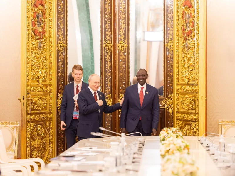 Russian President Vladimir Putin with President William Ruto during a meeting in Moscow/PCS