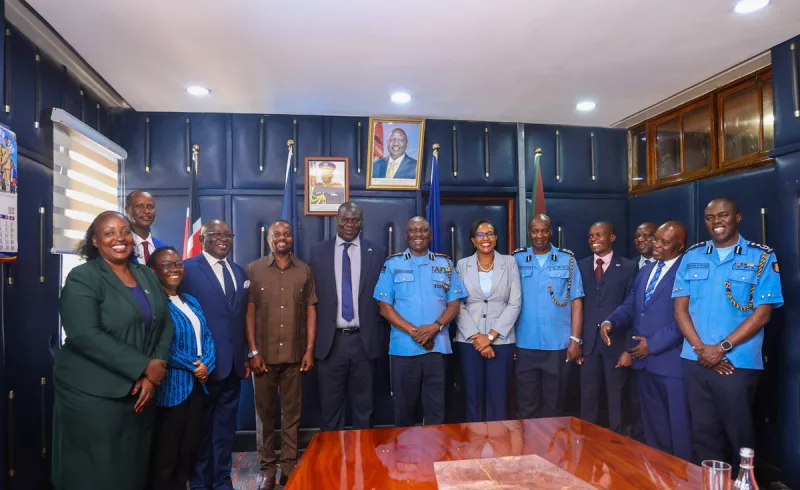 Inspector General Douglas Kanja and IPOA Chairperson Dr. Duncan Ojwang pose for a group photo with senior officials during a courtesy visit at Jogoo House