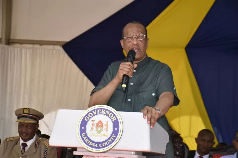 Garissa Governor Nathif Jama speaking during Mashujaa day celebrations.