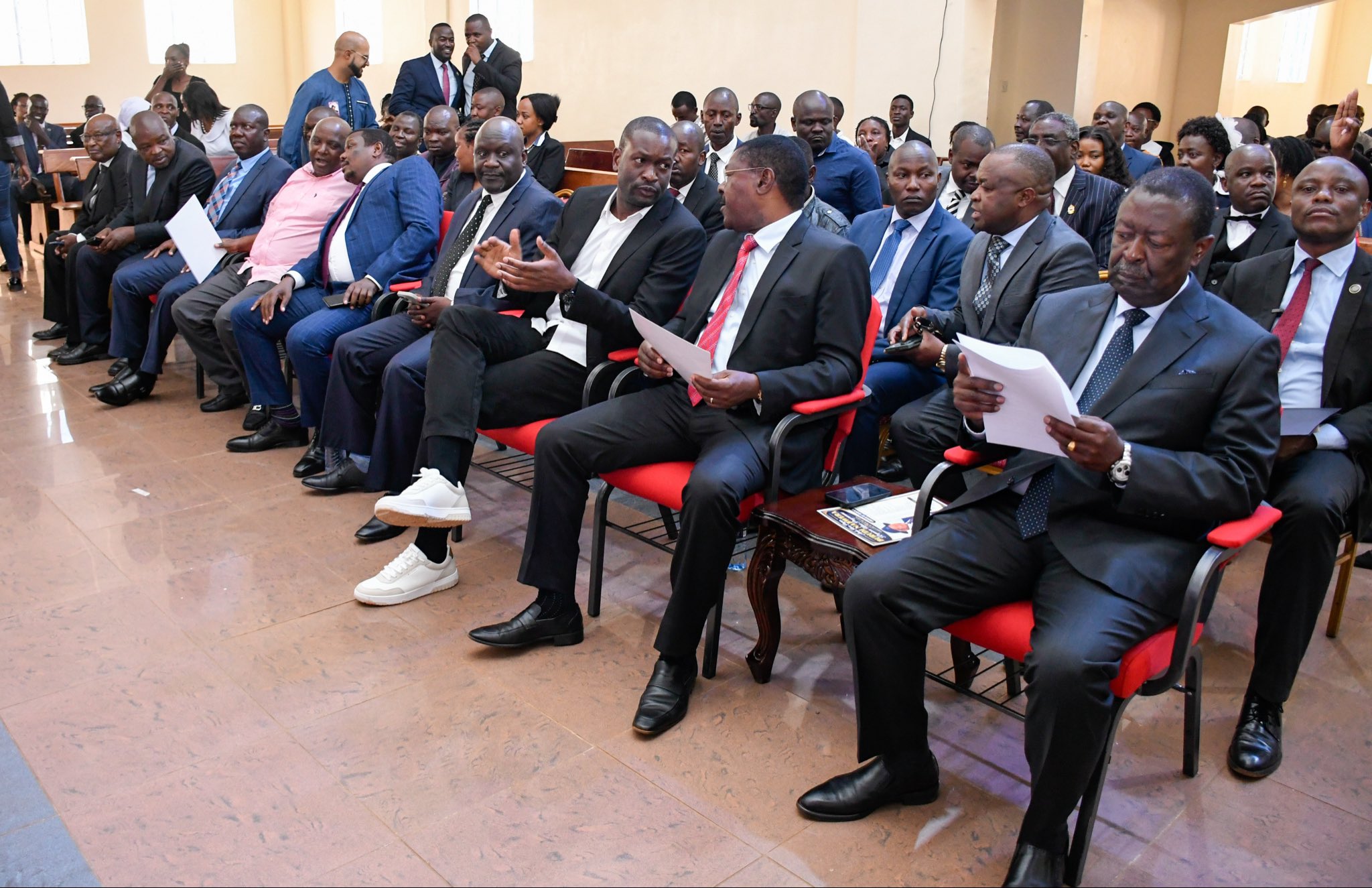 Prime Cabinet Secretary Musalia Mudavadi, National Assembly Speaker Moses Wetang’ula, Nairobi Senator Edwin Sifuna and other leaders during the requiem mass for the late diplomat and former Cabinet member Mzee Burudi Nabwera at Friends Church Langata on October 21, 2026. / HANDOUT