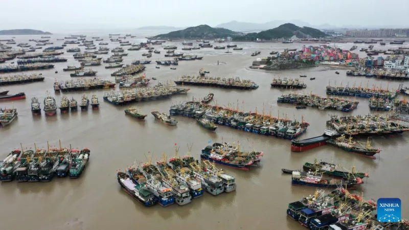 An aerial drone photo taken on Oct. 21, 2026 shows fishing boats berthing at a harbor in Shitang Town of Wenling City, east China's Zhejiang Province/Xinhua)