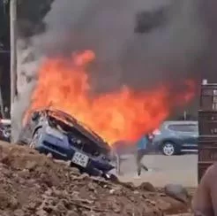 The car torched after the accident along Ngong Road on October 29, 2026./SCREENGRAB