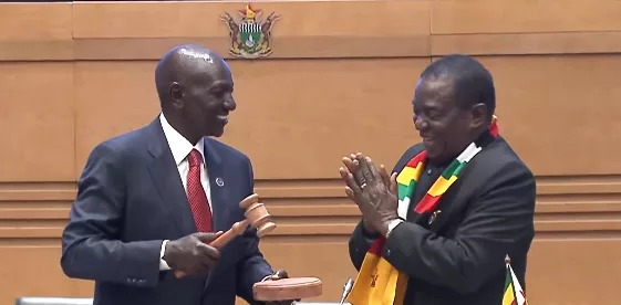 President William Ruto hands over the instrumeents of power to the incoming Comesa chairperson President Emmerson Mnangagwa in Harare, October 22, 2026. /SCREENGRAB