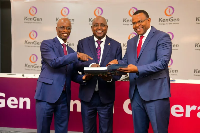 KenGen’s general manager finance David Mwangi, presiding chairman Frank Konuche and managing director and CEO Peter Njenga during the 74th Annual General Meeting in Nairobi / HANDOUT