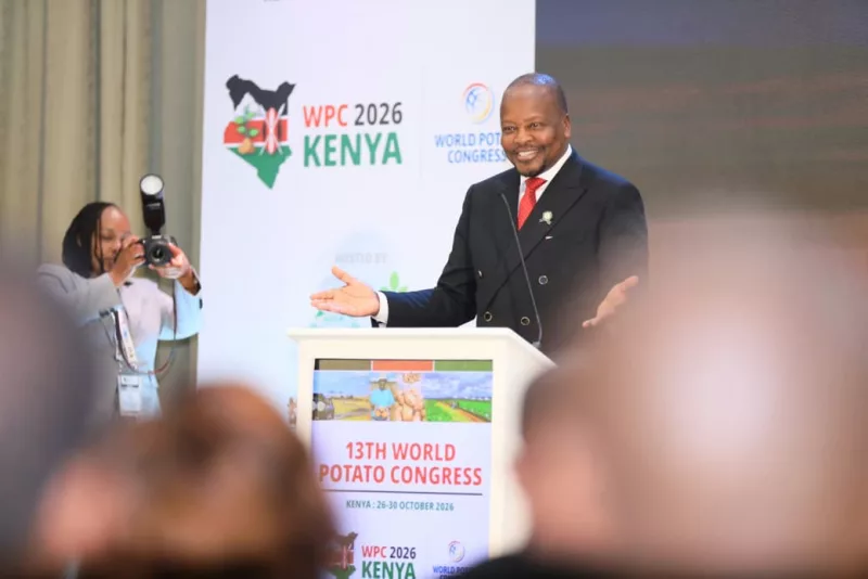 Agriculture Cabinet Secretary Mutahi Kagwe addressing delegates at the start of the 13th World Potato Congress in Nairobi, October 27, 2026.