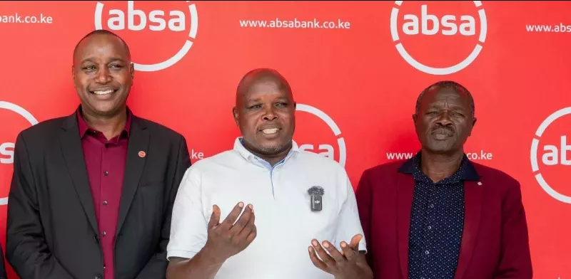 Absa Bank Kenya Eldoret Regional Manager Timothy Kosgei with AK Competition Director Kennedy Tanui and Uasin Gishu AK chairman Joseph Boit during the launch of the inaugural Absa City Run – Eldoret